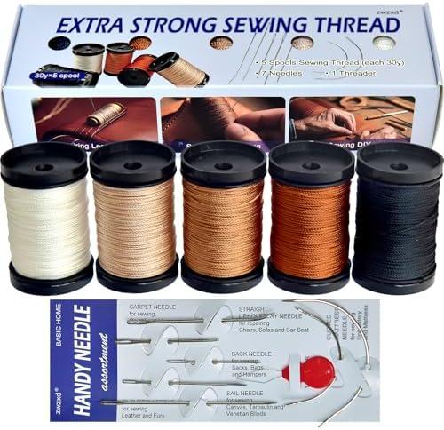 zwzxd Extra Strong Upholstery Repair Sewing Thread Kit and Heavy Duty Household Hand Needles, Including 5 Rolls Nylon Thread,7 Styles of Leather Canvas Sewing Needles and 1 Needle Threader