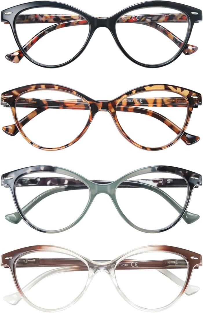 HEEYYOK Women Reading Glasses 4-Pack,Cateye Readers Glasses Small Face Comfort Spring Hinge (4.0, 4 Mix Color)