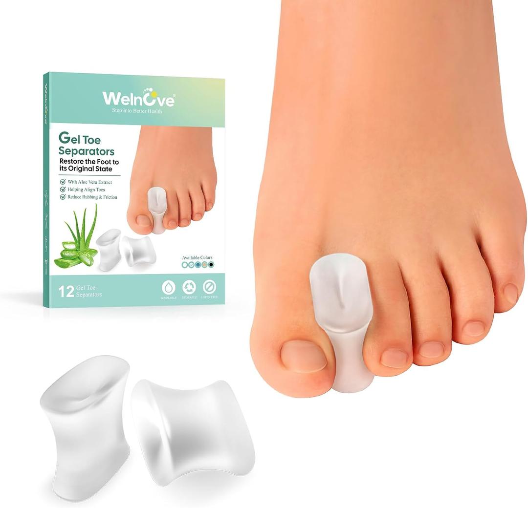 Welnove 12-Pack Gel Toe Separators  Bunion Pads  Toe Spacers for Straightening Overlapping Toes for Men and Women - Transparent