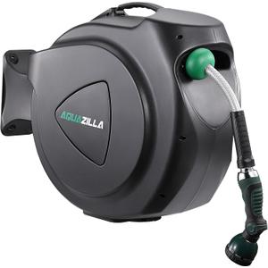 Retractable Garden Hose Reel, 65FT +6FT 5/8" Durable Wall Mounted Water Hose Reel with 180 Swivel Bracket, 9 Pattern Sprayer, 6Ft leader hose,Smooth Automatic Rewind, Any Length Lock.