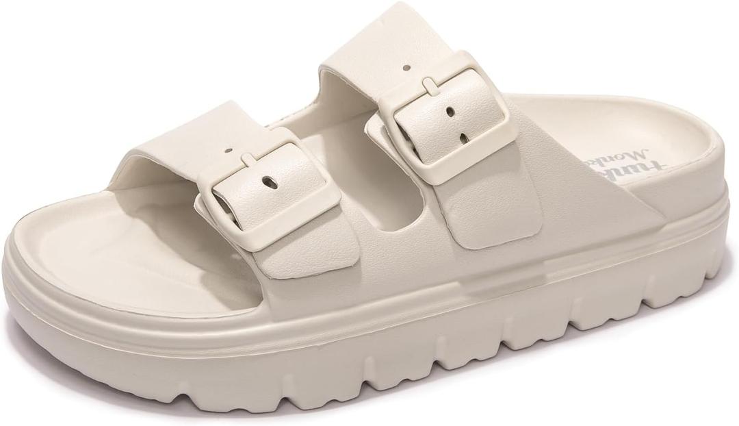 FUNKYMONKEY Women's Comfort Slides Double Buckle Adjustable EVA Flat Sandals (6)