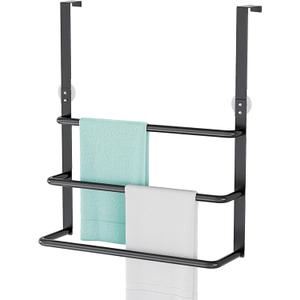 Over The Door Towel Rack, 304 Stainless Steel Towel Rack, 3 Tier Towel Bar for Hanging Towels, 16 Inch Over Door Towel Storage Holder for Bathroom, Matte Black