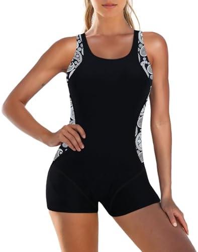 Zando One Piece Swimsuit Women Boyleg Swimsuits for Women One Piece Tummy Control Bathing Suit Sporty Boyshorts Swimwear, Extra Large, Black Paisley Pattern