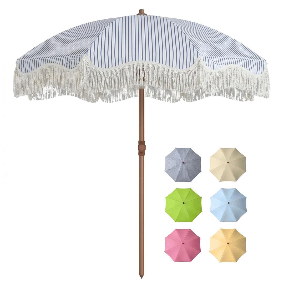 Tobeos 7FT Patio Umbrella with Fringe, Outdoor Tassel Umbrella with Fiberglass Ribs, Boho Beach Umbrella, Push Button Tilt and Carrying Bag, UPF50+, Blue and White Stripe