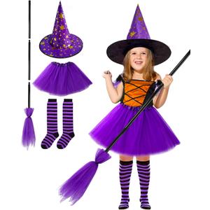MISS FANTASY Toddler Witch Costume Halloween Witch Costume Accessories Girls Including Witch Hat and Broom Witch Purple Tutu Toddler Striped Witch Socks for 3-5 Kids Hocus Pocus Costume for Toddler
