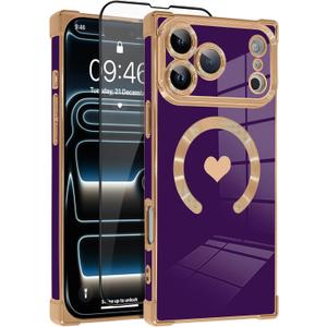 OOK Magnetic Case for iPhone 17 Pro 6.3 Inch [Wireless Charging Compatible] Soft TPU Heart Design Phone Cover with Screen Protector Shockproof Protection Slim Case for Women - Purple (Purple (NO Strap))