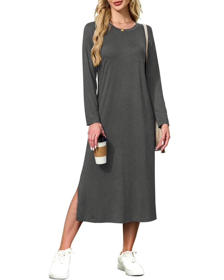 MISFAY Women Long Sleeve Midi Dresses 2025 Fall Side Slit Casual Crewneck Loose Long T Shirts Dress with Pockets Light Gray (Gray, M)