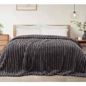 Exclusivo Mezcla King Size Flannel Fleece Blanket, Super Soft Striped Jacquard Bed Blanket, Lightweight Fuzzy Cozy for All Seasons, 90x104 Inches, Dark Grey 