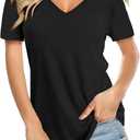 Amoretu Women Summer T Shirts Short Sleeve Curved Hem Solid Color Tops(Black, XL)
