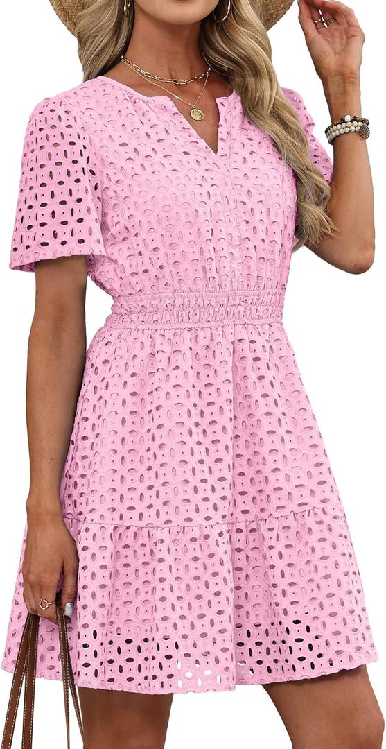 RUMIA Womens Dresses 2026 Summer V Neck Eyelet Lace A Line Short Dress (Pink, XS)