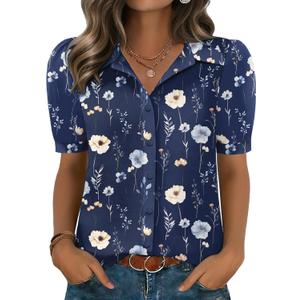 Zeagoo Women Button Down Shirts Puff Short Sleeve Blouses Chiffon Tops Business Casual Outfits Summer Clothes (Blue, M)