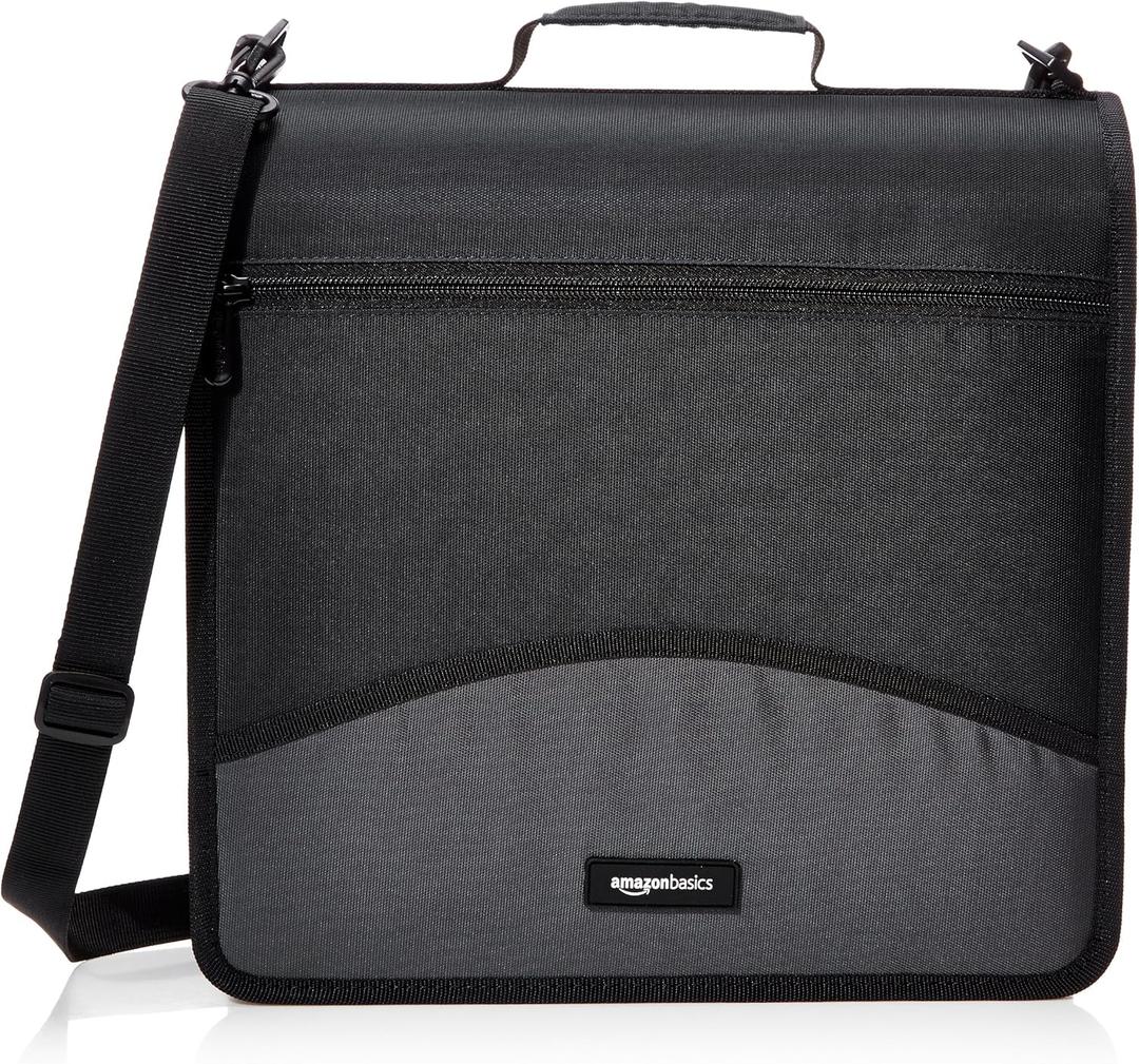 Amazon Basics Durable 3 Ring Binder with Zipper and Strap, Multiple Pockets, Sturdy Storage for School and Office, 3 inch, Black