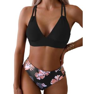Tainehs Women's Push Up V Neck Bikini Sets Criss Cross Back Two Piece Bathing Suit, M