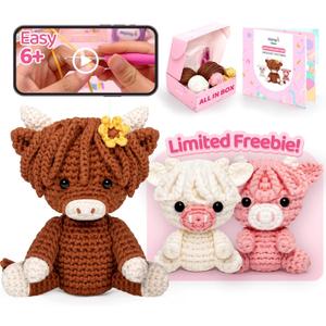 Mewaii Beginner Crochet Kit with 40% Extra Yarn, Pre-Started Yarn & Video Tutorials - 3 Highland Cows Craft Set for Adults & Kids (Brown Pink and White)