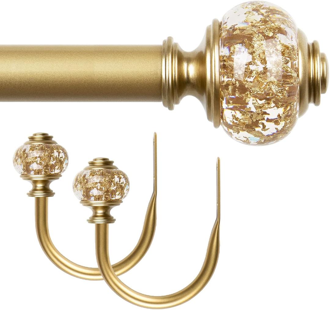 Gold Curtain Rods 36 to 72 Inches and Holdbacks with Translucent Finials Embedded with Gold Foil