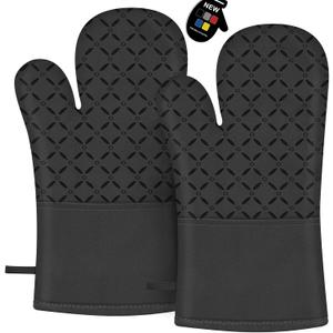 Oven Mitts, Oven Gloves Heat Resistant 500F with Non-Slip Silicone Surface Pot Holders, Kitchen Mitt with Soft Cotton Lining for Baking, Cooking, BBQ, Black, 1 Pair