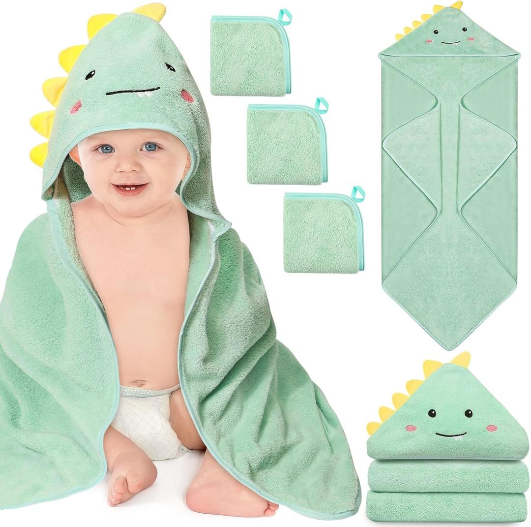 4 PCS Hooded Baby Towels, Soft Baby Towel, Absorbent Baby Bath Towel, Baby Towels and 3 PCS Baby Washcloths for Newborns, Toddlers, and Kids, 32x32 in Baby Towel with Hood for Boy and Girl (Dinosaur)