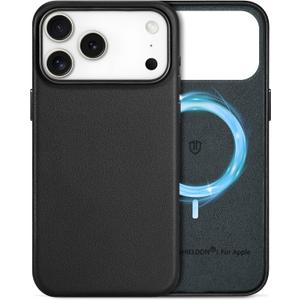 SHIELDON Genuine Leather Case for iPhone 17 Pro Max 6.9" 2025 | Compatible with Magsafe, Magnetic Wireless Charging, Slim Fit, Shockproof, Metal Buttons, Camera Bezel, Protective Phone Cover - Black