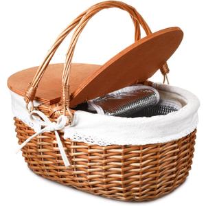 Wicker Insulated Picnic Basket with Lid Wicker Picnic Basket with Folding Handles and Insulated Cooler Bag for Camping Outdoor Easter Valentine Birthday Gift(White)