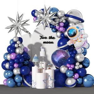 Amandir139pcs Space Balloon Garland Arch Kit Outer Space Birthday Decorations with Blue Purple Silver Galaxy Astronaut Foil Balloons for Boys Kids Themed Birthday Party Decoration Supplies