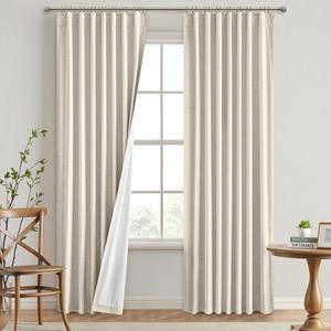 EMEMA Cream Beige Linen Blackout Curtains 84 inch Long 2 Panels Set for Bedroom Back Tab Thermal Insulated 100% Black Out Drapes Pinch Pleated Hooks Room Darkening Window Curtain for Living Room