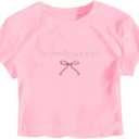 RoseSeek Girl's Letter Bow Graphic Tees Short Sleeve Crewneck Cute Shirts for Teen Girls Trendy