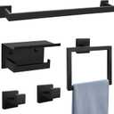 Matte Black Towel Bar Set 5-Piece Bathroom Hardware Accessories Set Includes 23.6 Inch Towel Bar,Toilet Paper Holder with Shelf,Square Towel Ring and Coat Hooks Stainless Steel Wall-Mounted