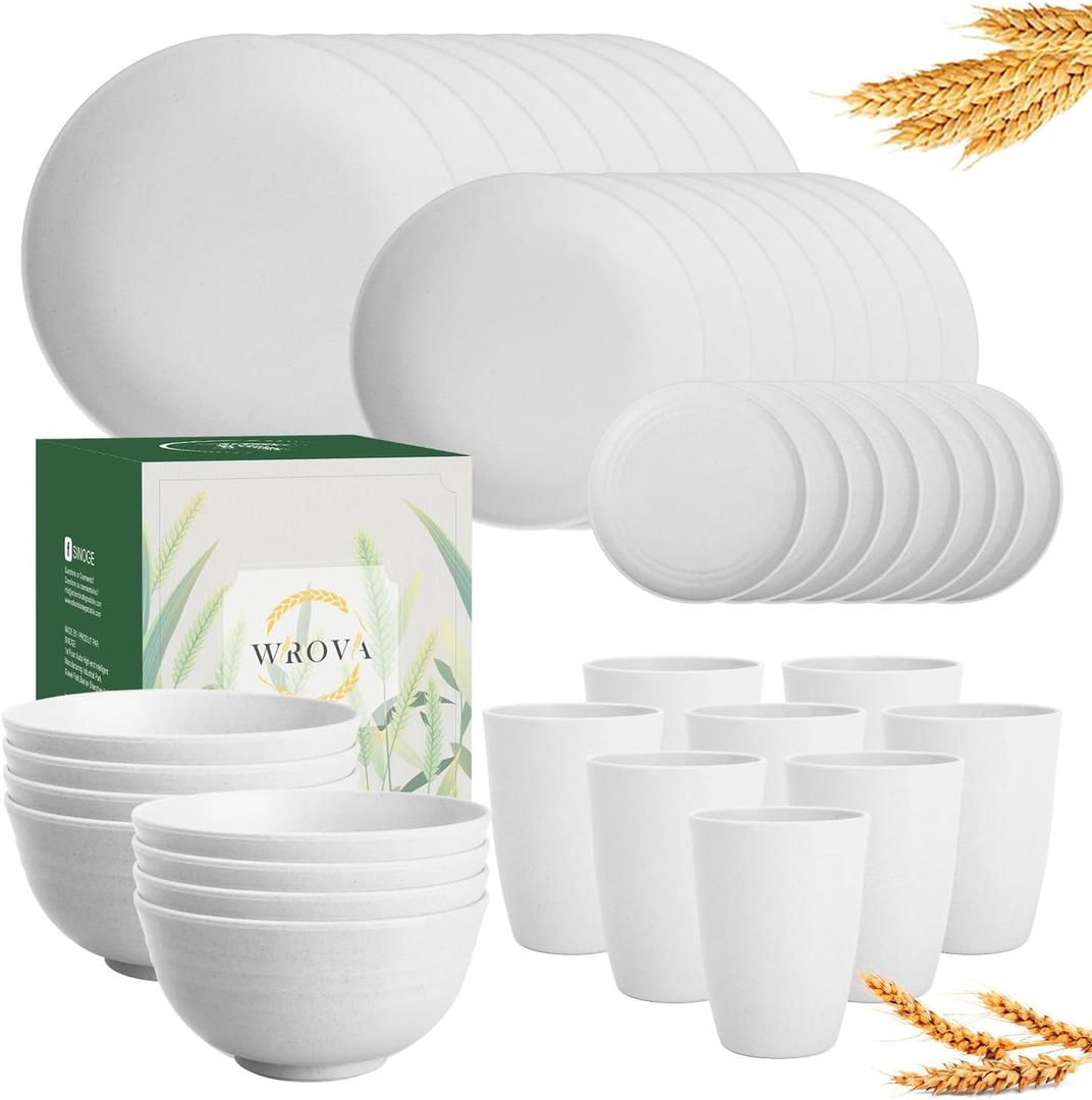 Wheat Straw Bowl And Plate Sets Of 40 With Cups For Kids - Unbreakable Plastic Dinnerware Sets Service For 8 - Microwave And Dishwasher Safe Dish Sets For Kitchen And Camping, White