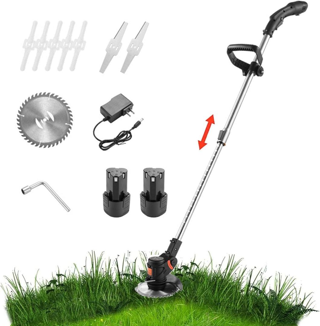 12V Garden Strimer Cordless Electric Metal Blade Strimer Grass Trimmer with Lithium Battery Fast Charger for Garden Weeding Weeds Flower Trees (1pcs Battery, A) (1pcs Battery B)
