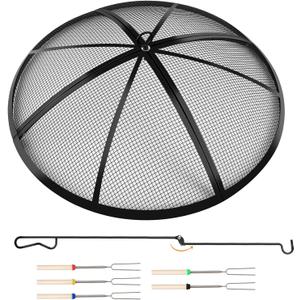 Fire Pit Spark Screen, 24 Inch Outdoor Fire Pit Screen with Foldable Hook and Marshmallow Sticks, Heavy Duty Steel Mesh Fire Pit Cover for Backyard, Beach, RV Camping