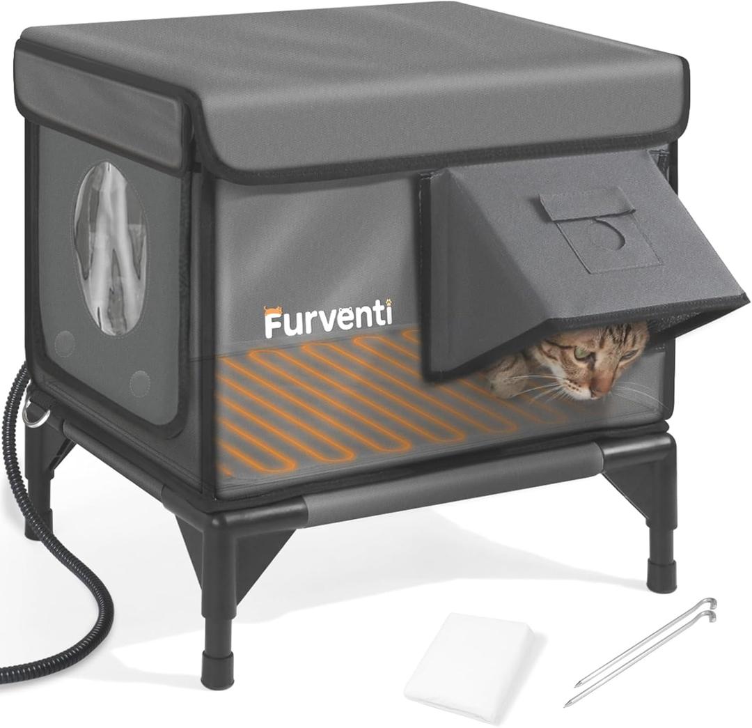 Heated Cat House for Outside,Dual Camera Mounts,100% Weatherproof & Extremely Insulated,Elevated Feral Cat Shelter with Escape Door,Waterproof Eaves for Outdoor Stray Barn Cat(Grey,S)