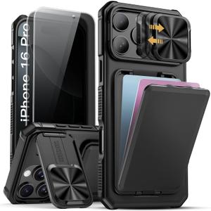 SSLOTSCASE for iPhone 16 Pro Case with 2X Privacy Screen Protector, Card Holder & Kickstand & Slide Camera Lens Cover & Camera Stand & Wallet, Military-Grade Phone Case Cover for iPhone 16 Pro, Black