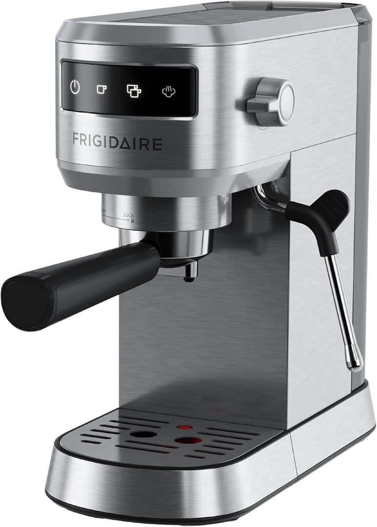 Frigidaire Steam Espresso Maker, Coffee Machine with Milk Frother & Cup Warmer, 20 Bar Pressure, 34 oz Removable Water Tank, Single or Double Shot, Stainless Steel