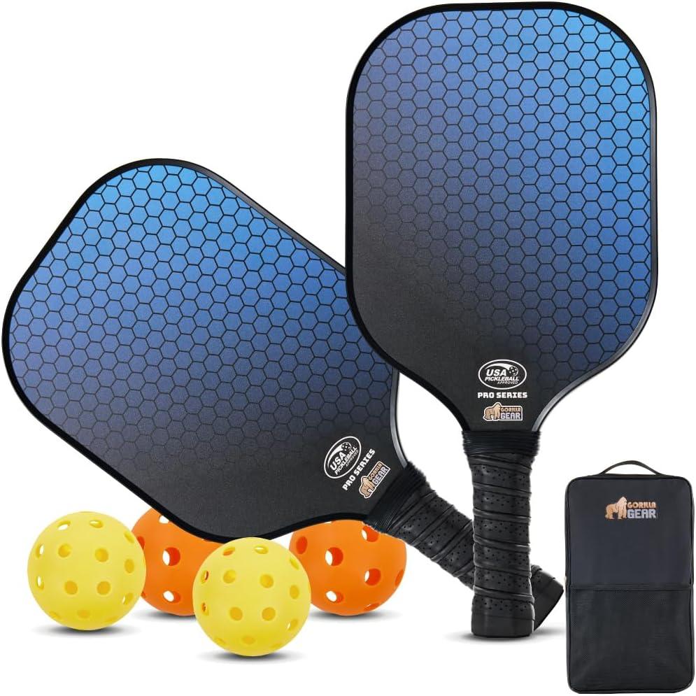 Gorilla Gear USAPA Approved Pickleball Starter Set, Fiberglass Paddles with Bag and Balls, Indoor Outdoor Court Use, Comfortable Racket Grip, Oversized Sweet Spot Pickle Ball Paddle for Men, Women (Blue)