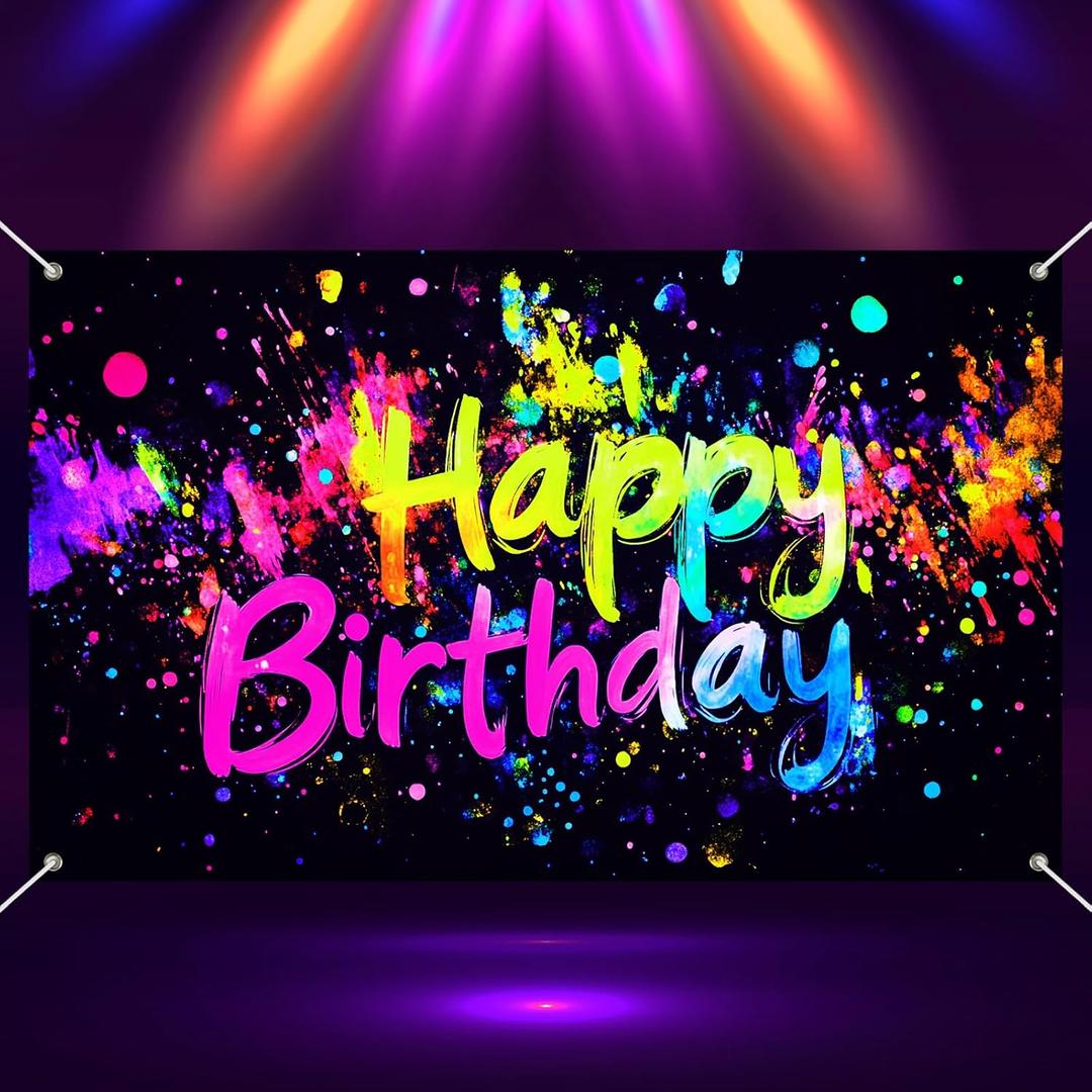 Graffiti neon happy birthday banner71x43 Inch Fluorescent Neon Decorations Glow Party Glow in The Dark Photography Backdrops Birthday Supplies Neon Backdrop UV Reactive Blacklight