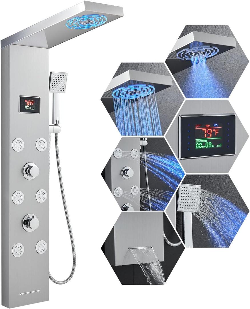 Stainless Steel Shower Panel Tower System with LED lights(No battery need), Hydroelectric LED Rainfall Shower Tower System with 6 Pcs Body Jets, Brushed Nickel