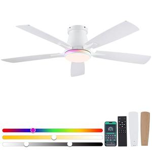 Surtime 52" Ceiling Fans with RGB Lights-Low Profile Ceiling Fan with Light and Remote/APP Control,Flush Mount,DC Reversible,LED Dimmable Ceiling Fans for Bedroom,Indoor/Outdoor Patio Use(White)