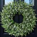 26" Artificial Eucalyptus Wreath with Baby's Breath for Front Door - Faux Eucalyptus Leaves, Fake Spring/Summer Greenery Flowers Wreath for Porch, Farmhouse, Wall, Window Outdoor Decor(White-Green)