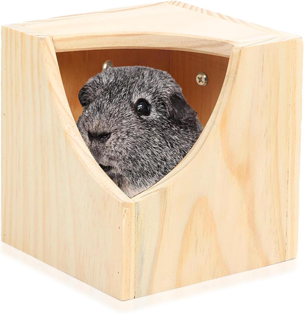 Wood Chinchilla House, 6.5 x 6.5 x 6.5 Inch Square Small Animal Hideout Hut for Indoor Bunnies Guinea Pig Hamster Gerbil Cage Accessories