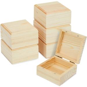 Bright Creations 6 Pack Unfinished Wooden Boxes with Hinged Lids - Pinewood Magnetic Storage for Crafts & Jewelry - Unfinished Wood Box (3.5 x 3.5 x 2 in)