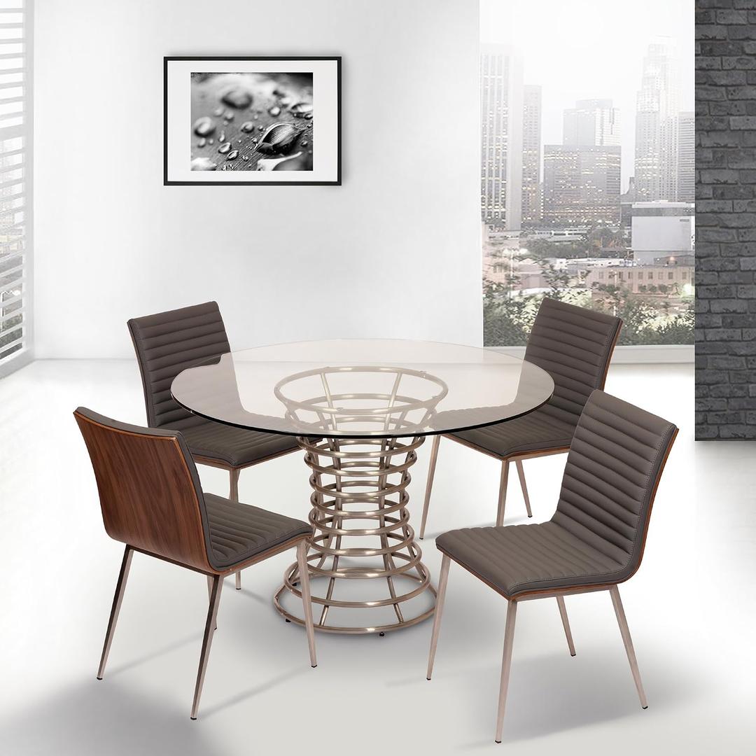 Armen Living Caf Brushed Stainless Steel Dining Chair in Gray Faux Leather with Walnut Back - Set of 4