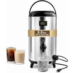 Electric Hot Drink Dispenser with Temperature Display & 304 Stainless Steel Heating Plate, 12L / 3.2 Gallon Heated Beverage Dispenser with Spigot for Milk Tea, Coffee & Water