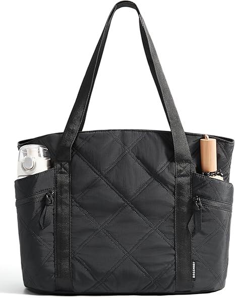 BAGSMART Crush Tote Bag for Women, 20L Puffer Work Tote with Zipper, Travel Essentials Quilted Nurse Hospital Bag, Black
