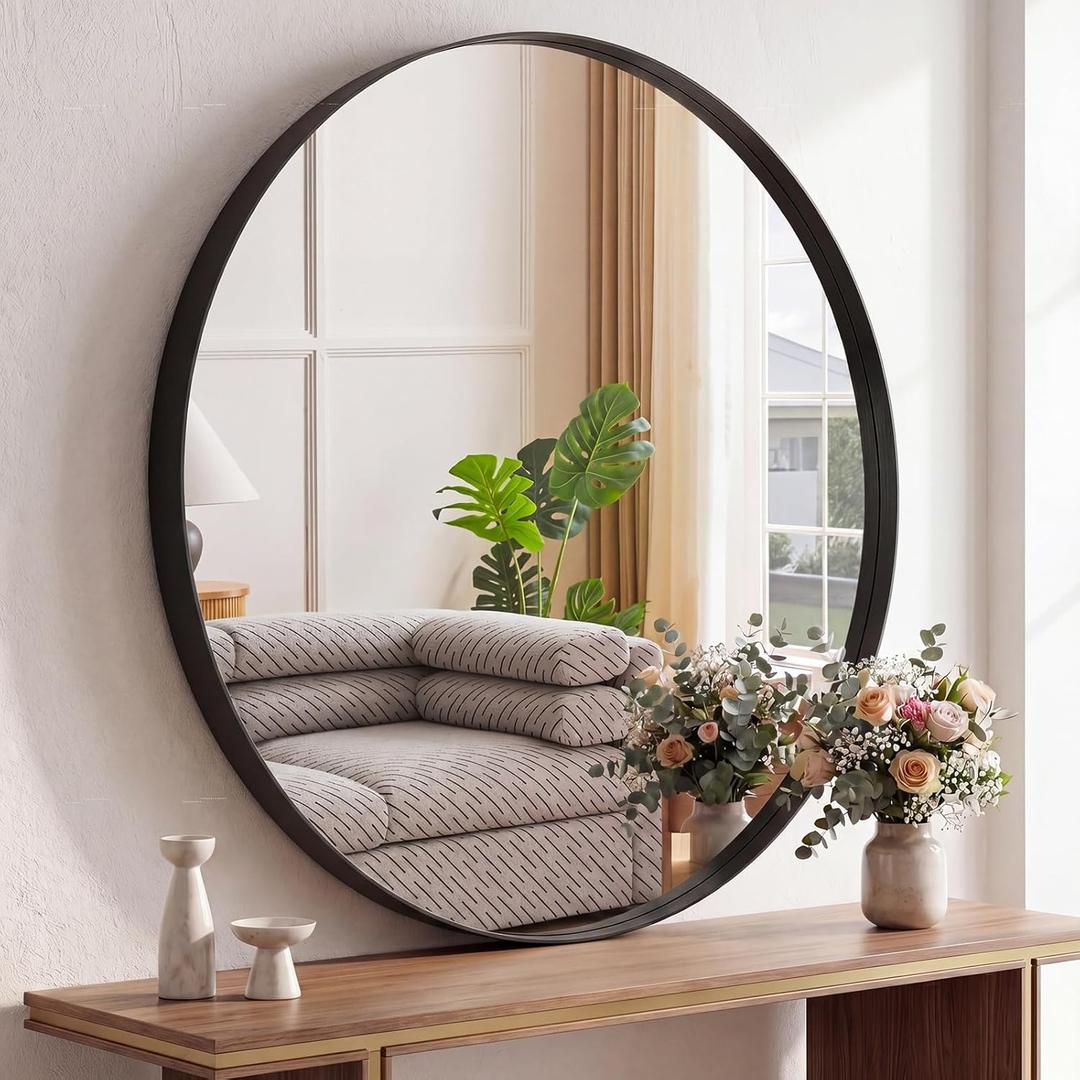 DUMOS 30-Inch Round Wall Mirror, Bathroom Wall Circle Mirror with Metal Frame, Bathroom Decor for Entryway, Living Room, Vanity, Anti-Rust, Tempered Glass, Hanging or Leaning, Black