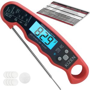 KIZEN Instant Read Meat Thermometer Digital - Food Thermometer for Cooking, Grill, Oven, BBQ - Waterproof and Backlit Display (Red/Black)
