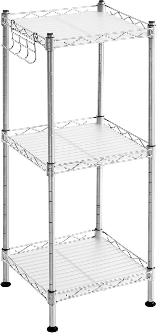 SONGMICS 3-Tier Bathroom Shelf, Storage Rack for Small Space, with 3 PP Shelf Liners, Removable Hook, Extendable Design, Silver and Translucent ULGR103E01