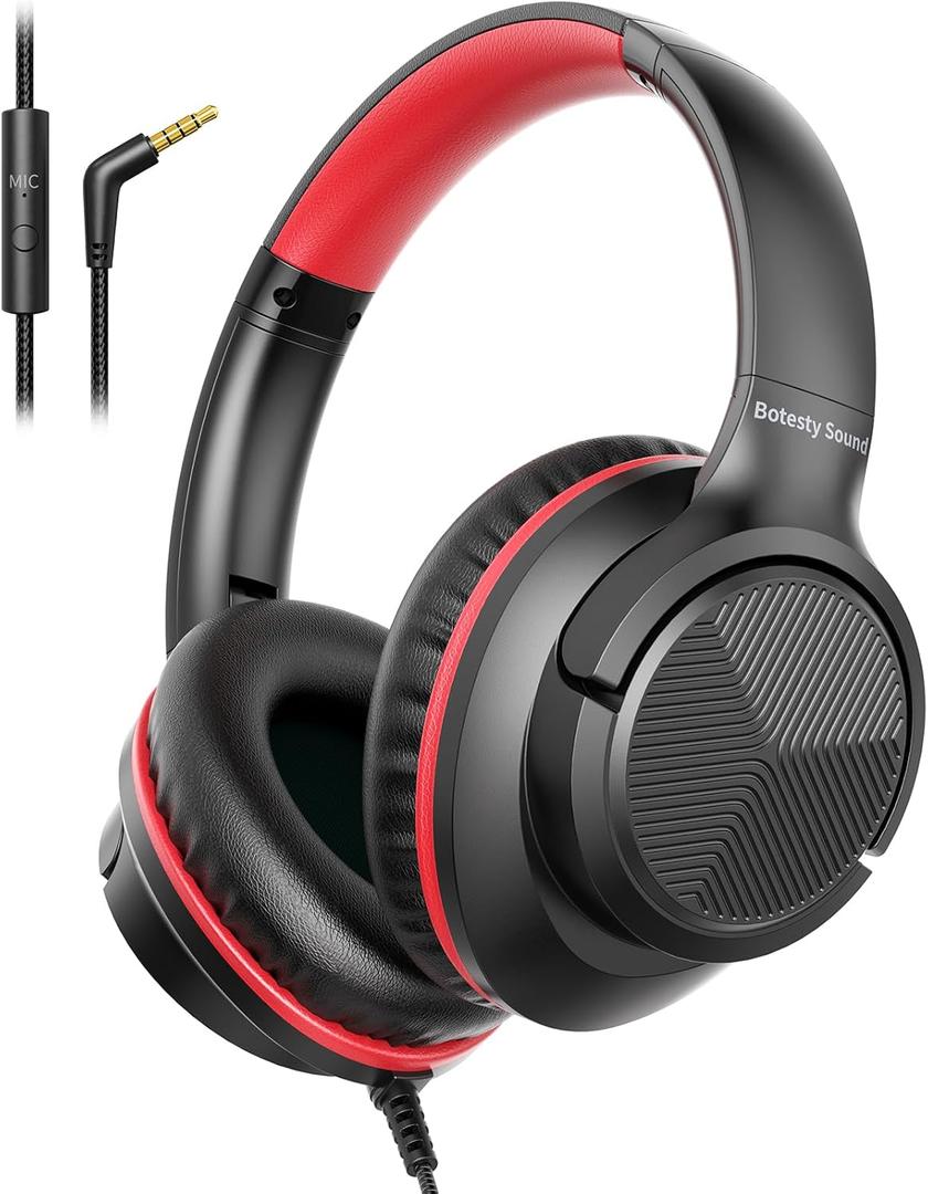 Botesty Sound Headphones Wired with Microphone, Over Ear Foldable 3.5mm Plug in Headphones Corded with 4.9ft Tangle-Free Nylon Cord for Tablet, Laptop, MP3/4, School, Airplane Travel (Black Red)