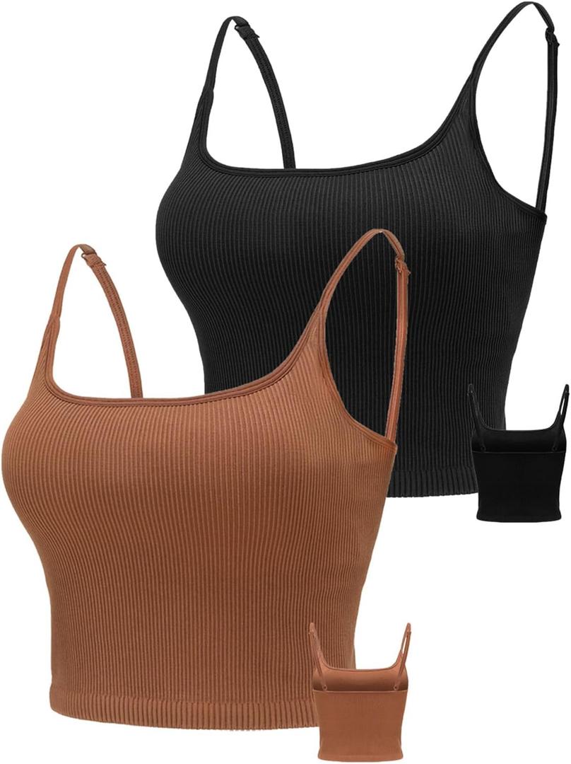 Chilylori Seamless Sports Bra Cropped Tank Top with Adjustable Straps Workout Tops Ribbed Sports Bra for Women 2 Pack (Large)