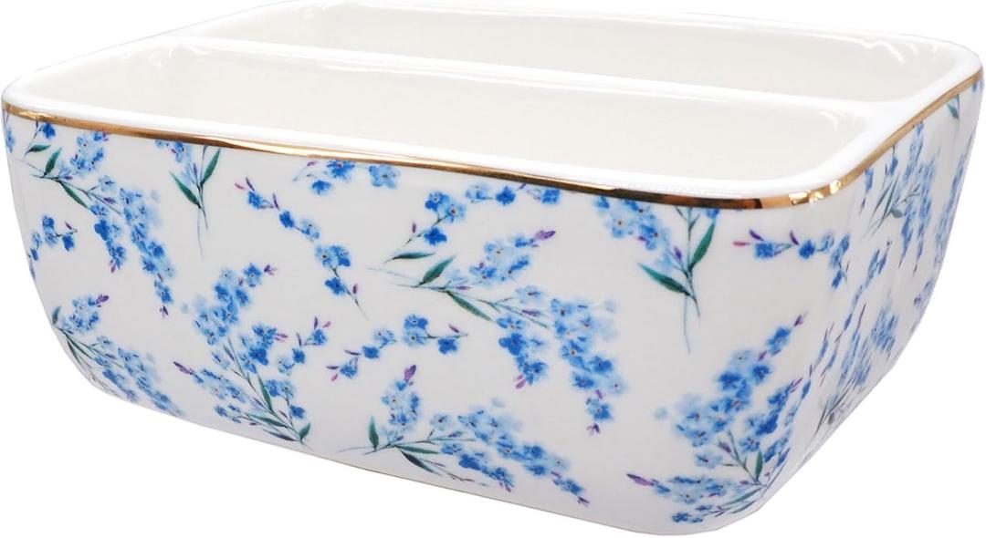 2 Compartments Ceramic Sponge Holder for Kitchen Sink, Cute Floral Countertop Dish Sponges Holder Soap Sink Organizer Farmhouse Caddy Blue Flowers