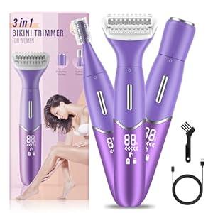 Bikini Trimmer for Women, 3 in 1 Painless Electric Razors for Women, Replaceable Lady Facial Razor & Eyebrow Trimmer, Rechargeable Women's Grooming Kit, Body Shaver for Trip, Gifts (Purple)